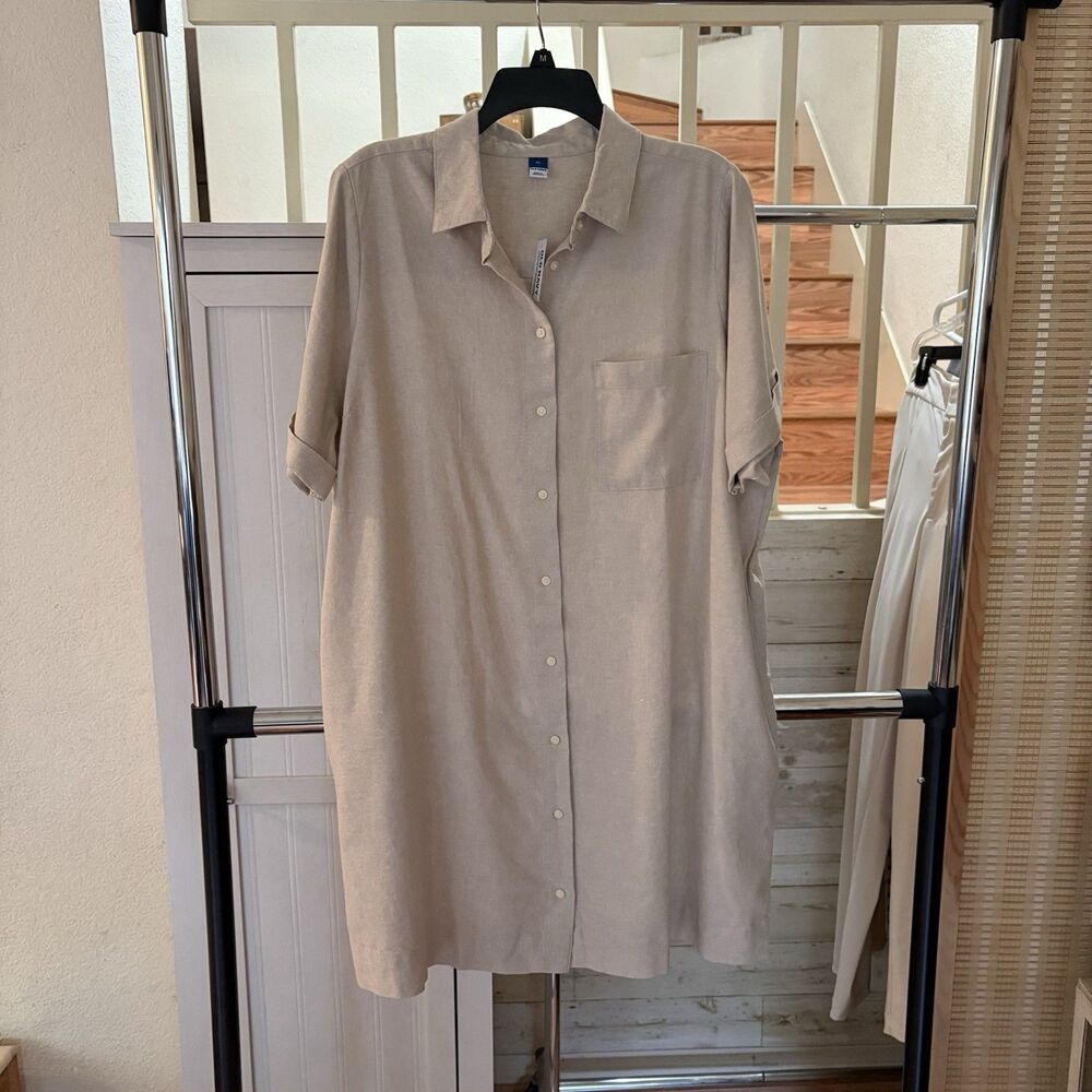 Old Navy Women's XL Linen Blend Button Down Shirt Dress Sustainable Costal Beige